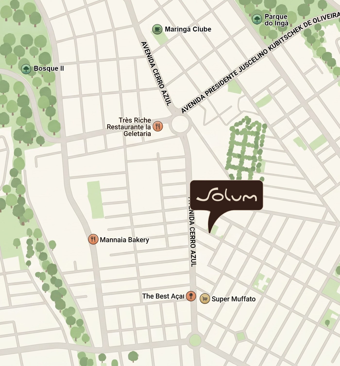 Mapa da região com o Solum na Rua Assaí, próximo à Av. Cerro Azul